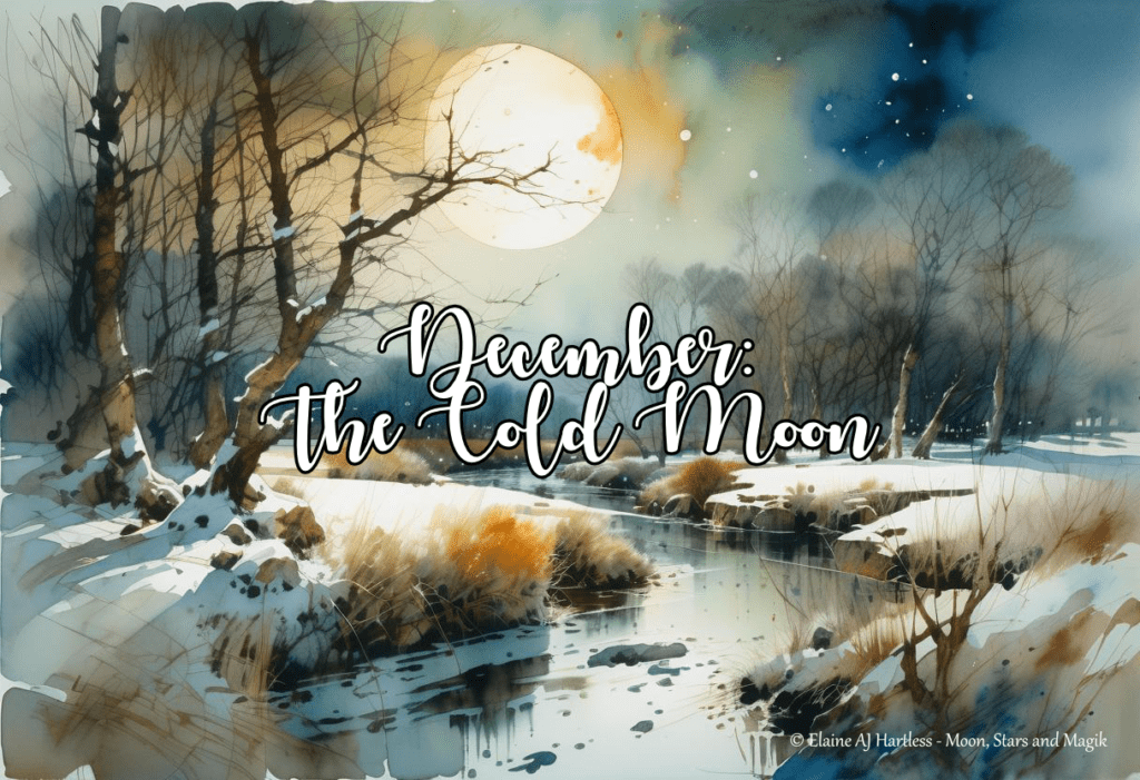 December the Cold Moon - a full moon shining over a stream in a snow covered landscape