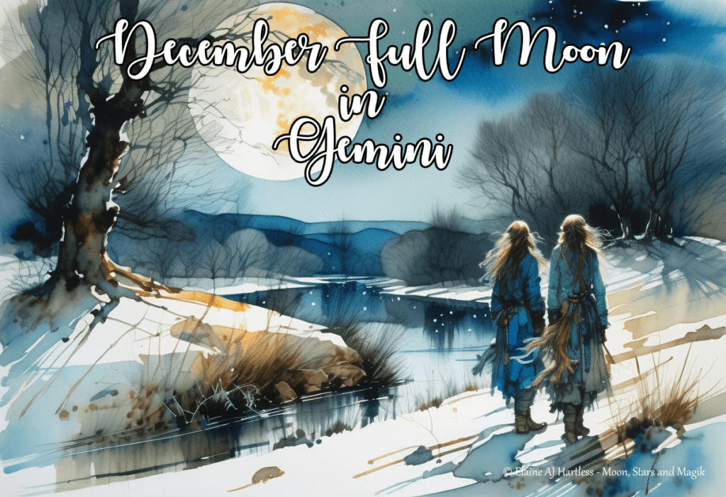 a full moon in a cold country landscape with gemini twins