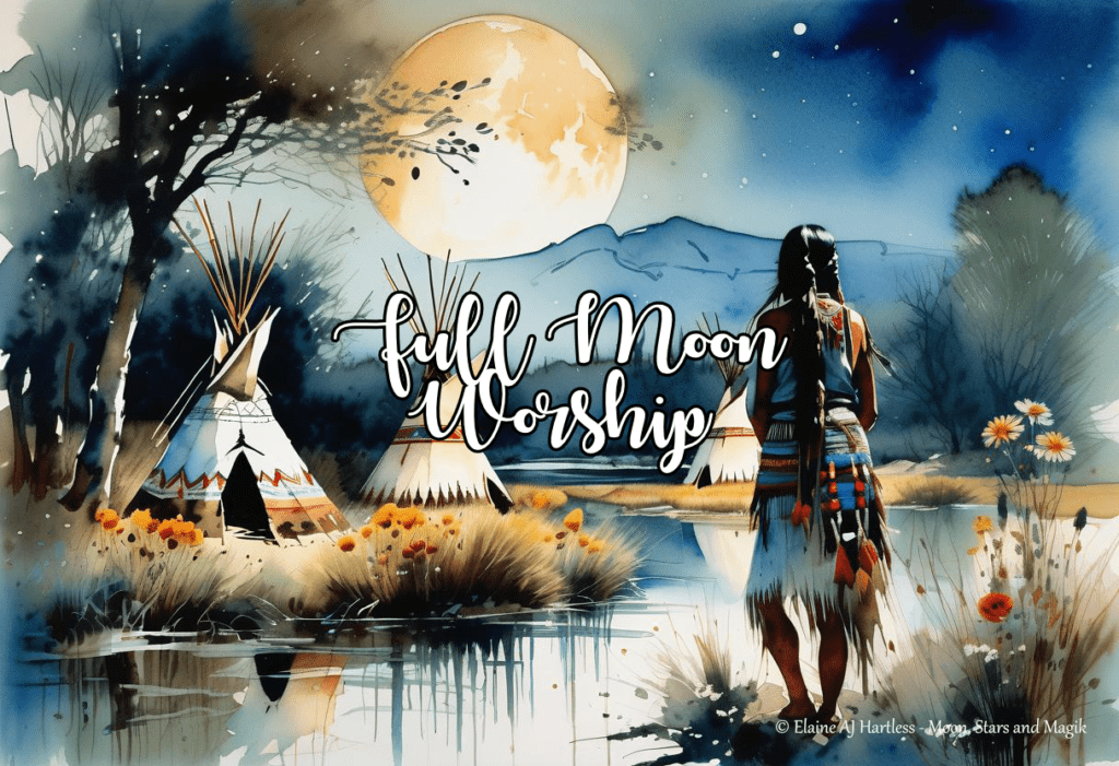 the full moon shines down on native american teepees and a native american woman