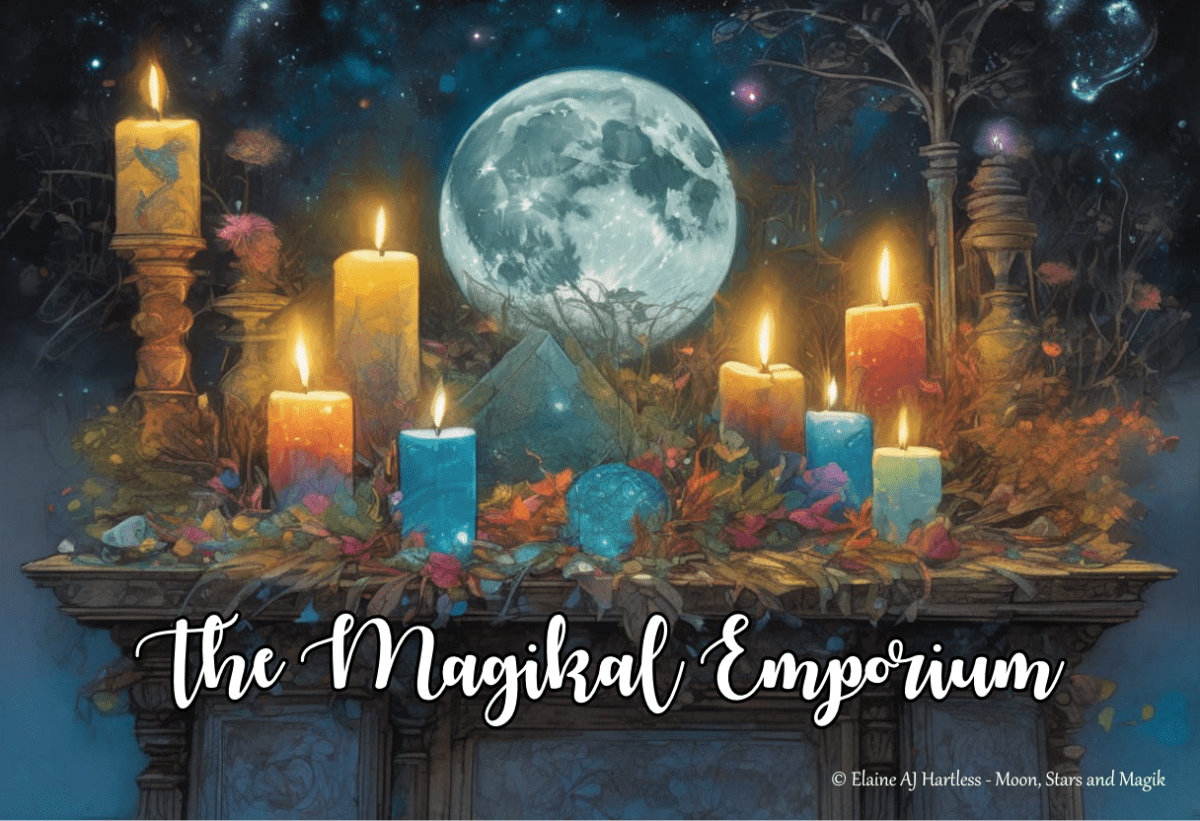 an altar with candles and crystal under a night sky with full moon, representing the magikal emporium