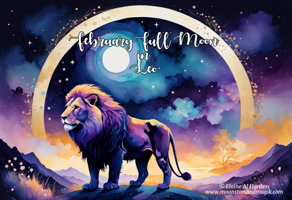a full moon and a magical aura around a lion, representing the zodiac sign leo for the full moon in leo