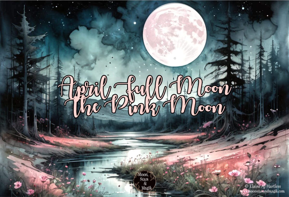 a pink moon shining over a landscape covered in pink flowers to represent the april full moon