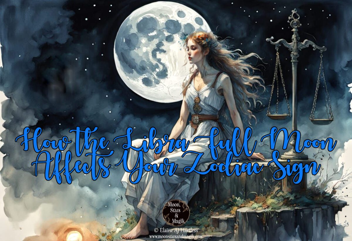 a beautiful woman and balance scales depicting the Libra Zodiac sign, in the background is a full moon, the picture represents the libra full moon