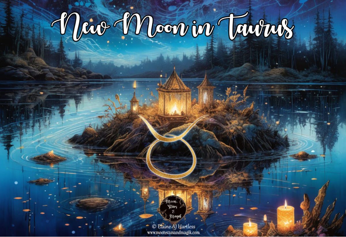 an island in a lake illuminated by candles, a golden Taurus Zodiac symbol and the heading New Moon in Taurus