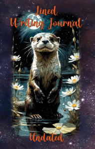 cover of lined writing journal, featuring an otter standing under a full moon