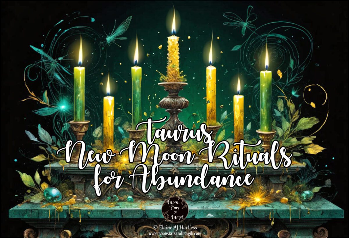 An altar under a moonless night sky filled with lit green and gold candles and the heading Taurus New Moon Rituals for Abundance