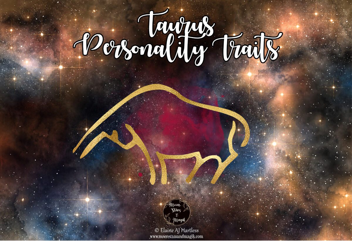 the symbol for the Zodiac Sign of Taurus the Bull, set against a star filled galaxy and the heading Taurus Personality Traits.