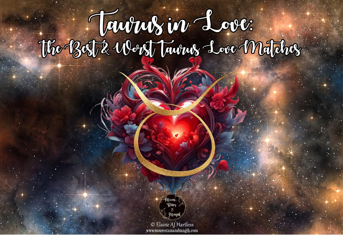 A red heart with the Taurus Zodiac Sign Glyph and the heading Taurus in Love
