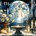 The Scorpio Zodiac Sign Glyph with a full moon and a stone altar in the background, representing the Full Moon in Scorpio Ritual