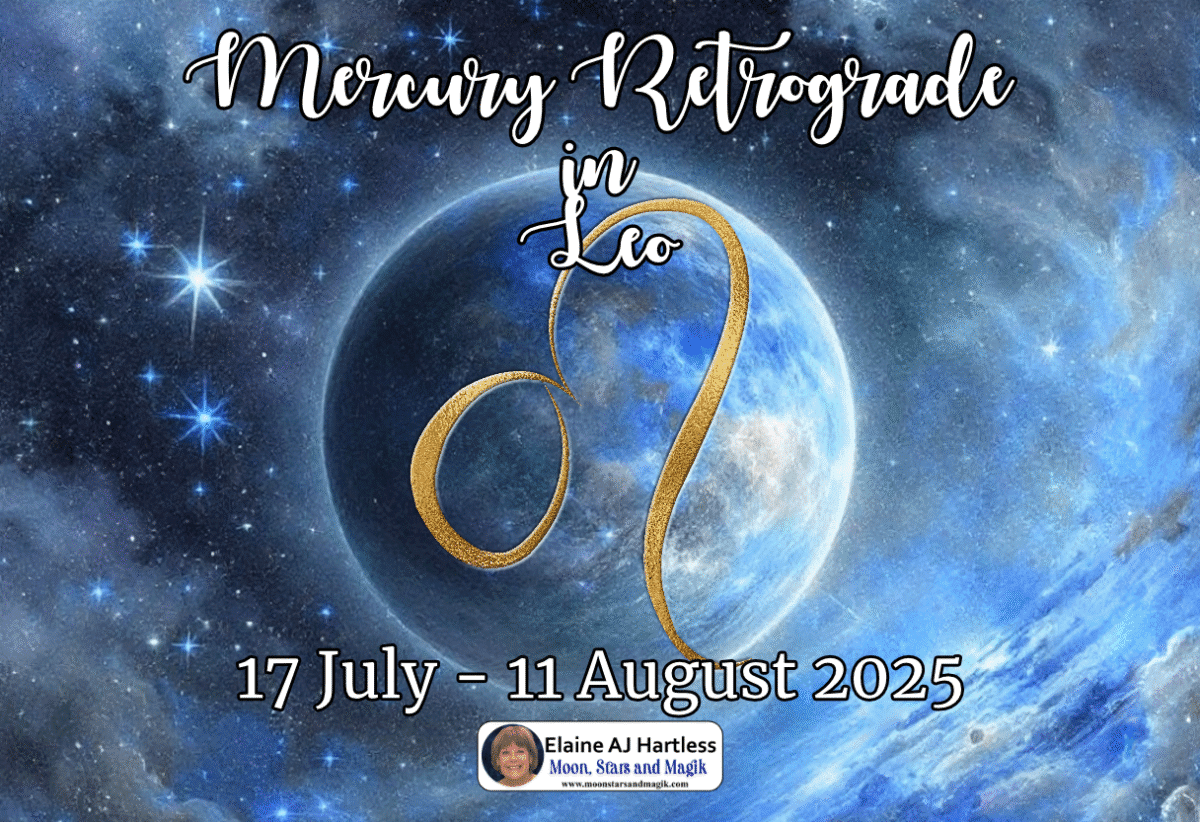 The planet Mercury in a star filled universe with the Leo Zodiac Glyph representing Mercury in Retrograde in Leo