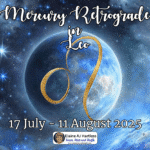 The planet Mercury in a star filled universe with the Leo Zodiac Glyph representing Mercury in Retrograde in Leo