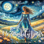 A beautiful woman dressed in blue, walking barefoot through a meadow, representing the Virgo personality traits