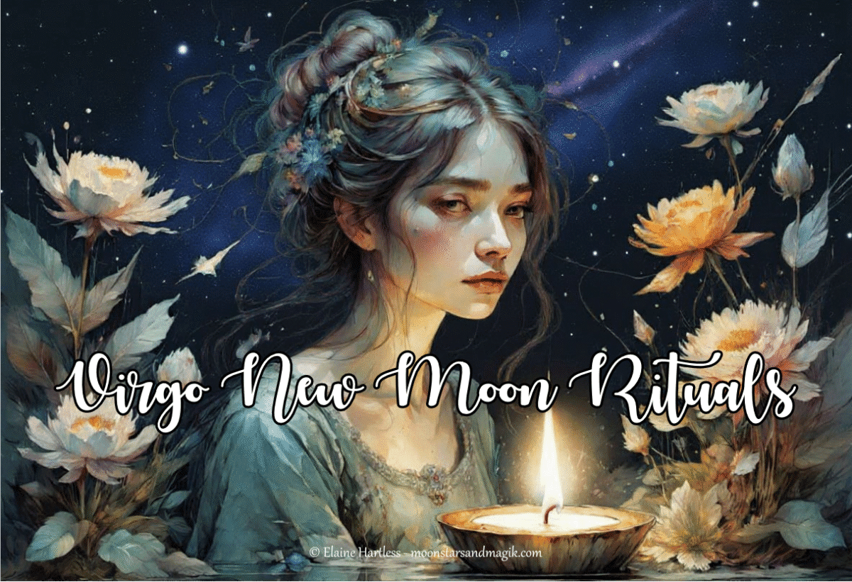 woman surrounded by flowers, sitting in water with a lighted candle representing virgo new moon rituals