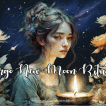 woman surrounded by flowers, sitting in water with a lighted candle representing virgo new moon rituals