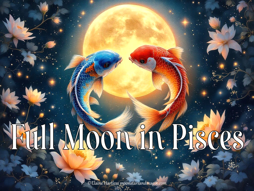 two fish in front of a full moon, representing the full moon in pisces