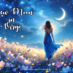 a young woman in a blue dress walking through a flowerfilled meadow, under a crescent moon, depicting the full moon in Virgo