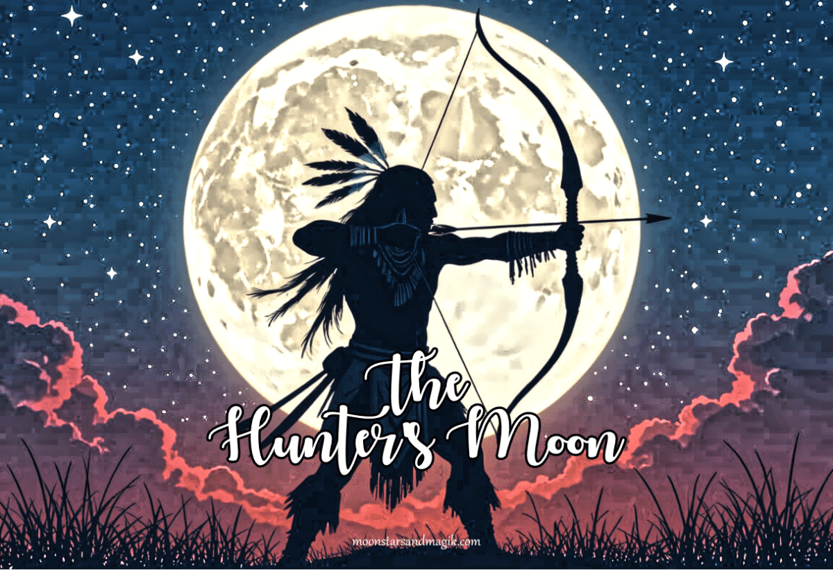 a native american indian drawing a bow in front of a full moon, representing the Hunter's Moon