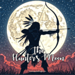 a native american indian drawing a bow in front of a full moon, representing the Hunter's Moon