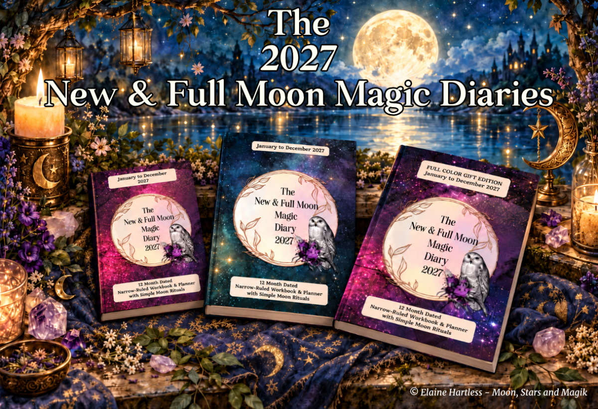 Full moon and altar, displaying 3 different editions of The New & Full Moon Magic Diary 2027